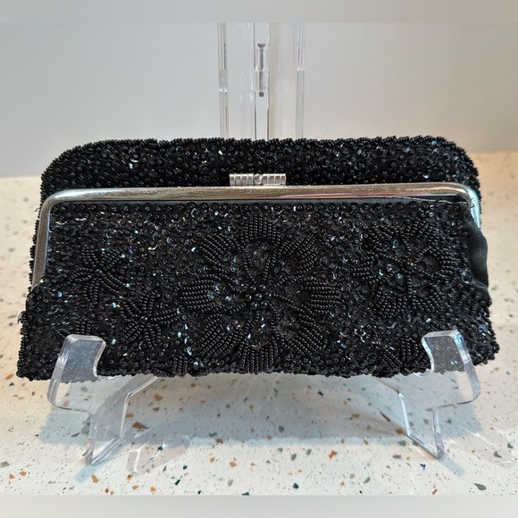 VTG Hand Beaded Hong Kong Black Bead & Sequin Folding Carry Clutch Evening Bag - Picture 2 of 10